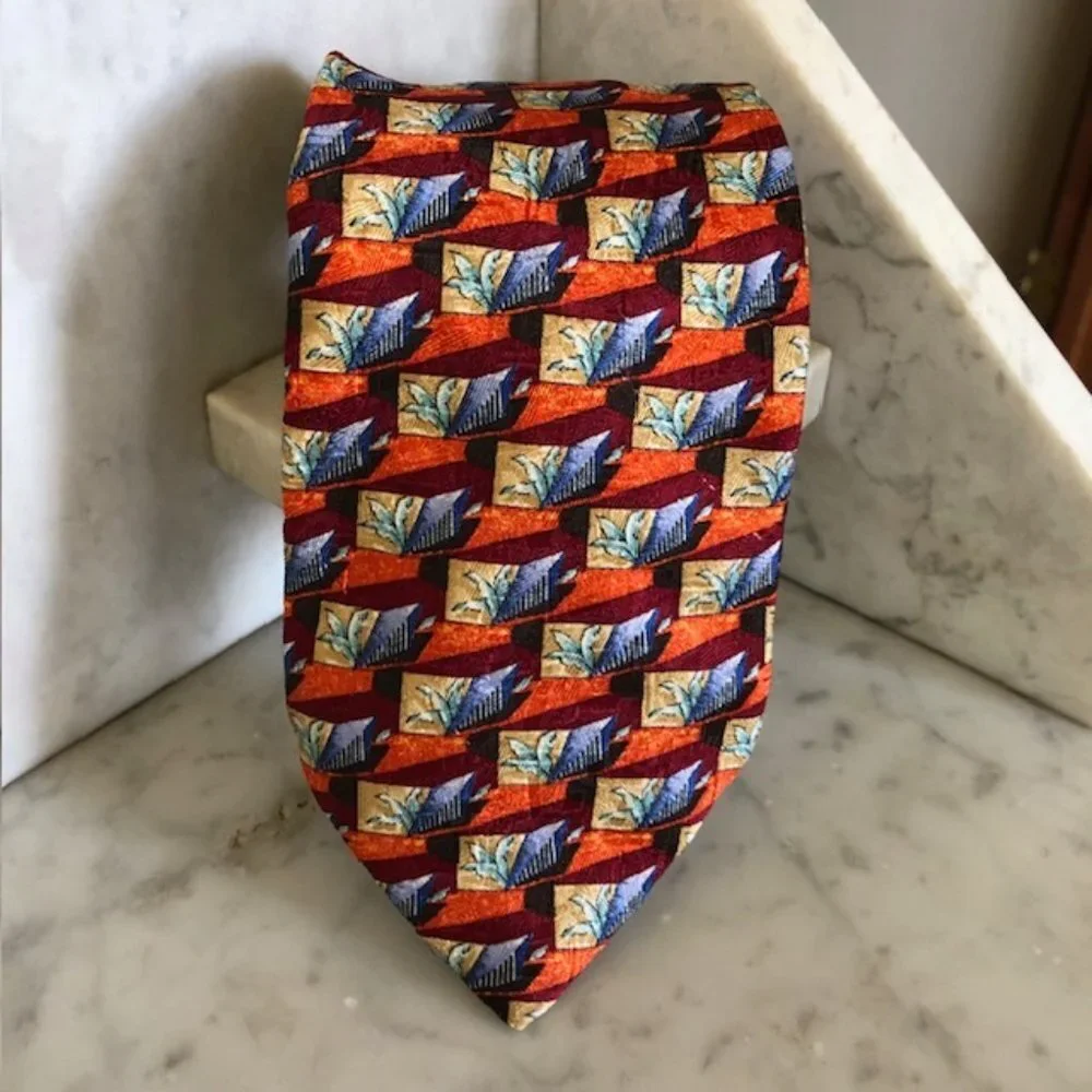 ERMENEGILDO ZEGNA Silk Leaf Geo Block Orange Blue Red Tie - Picture 2 of 15